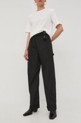 Herskind pantaloni femei, culoarea negru, lat, high waist