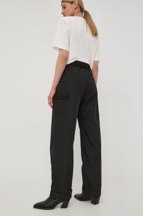 Herskind pantaloni femei, culoarea negru, lat, high waist