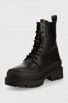Tommy Jeans bocanci de piele Lace Up Boot femei, culoarea negru, cu platforma