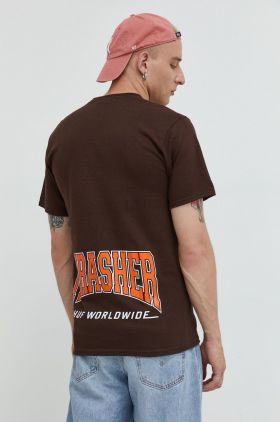 HUF tricou din bumbac X Trasher culoarea maro, cu imprimeu