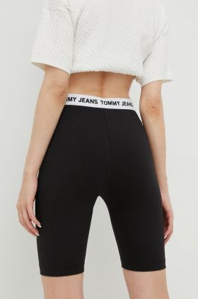 Tommy Jeans pantaloni scurti femei, culoarea negru, neted, high waist