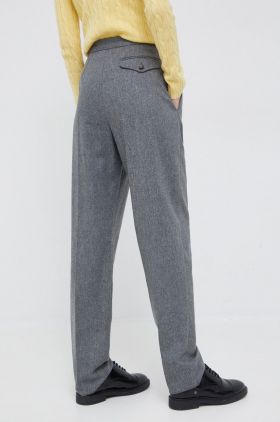 Emporio Armani pantaloni de lana femei, culoarea gri, fason chinos, high waist