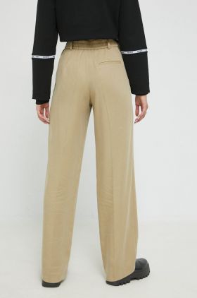 HUGO pantaloni femei, culoarea bej, lat, high waist