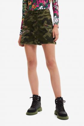 Desigual fusta din bumbac culoarea verde, mini, drept