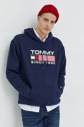 Tommy Jeans hanorac de bumbac barbati, culoarea albastru marin, cu imprimeu