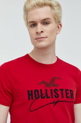 Hollister Co. tricou din bumbac culoarea rosu, cu imprimeu