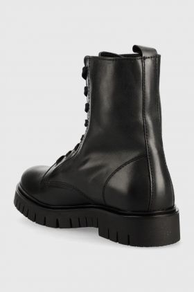 Tommy Jeans bocanci de piele Tommy Jeans Lace Up Wmns Boot femei, culoarea negru, cu toc plat