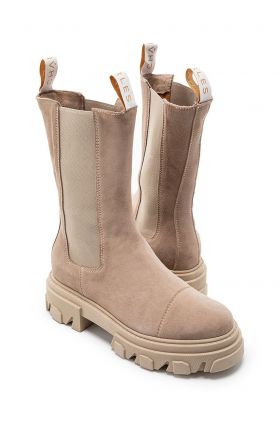 Charles Footwear botine din piele intoarsa femei, culoarea bej, cu platforma