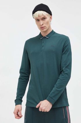 HUGO longsleeve din bumbac culoarea verde, neted