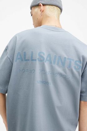 AllSaints tricou din bumbac UNDERGROUND SS CREW barbati, culoarea turcoaz, cu imprimeu