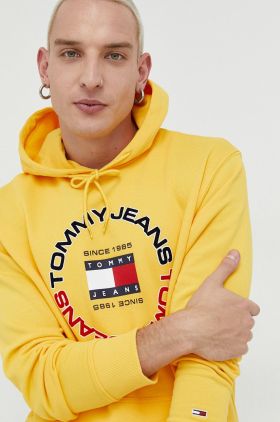 Tommy Jeans hanorac de bumbac barbati, culoarea galben, cu glugă, cu imprimeu