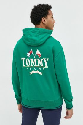 Tommy Jeans hanorac de bumbac barbati, culoarea verde, cu glugă, cu imprimeu