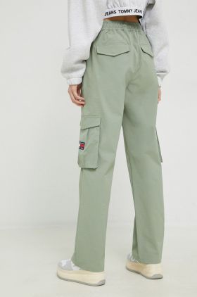 Tommy Jeans pantaloni femei, culoarea verde, fason cargo, high waist