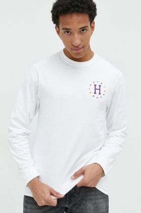 HUF longsleeve din bumbac culoarea alb, cu imprimeu