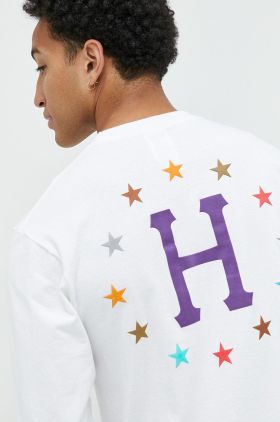 HUF longsleeve din bumbac culoarea alb, cu imprimeu