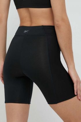 Reebok pantaloni scurți de yoga femei, culoarea negru, neted, high waist