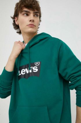 Levi's hanorac de bumbac barbati, culoarea verde, cu glugă, cu imprimeu