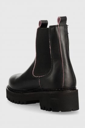 Tommy Jeans ghete chelsea de piele Tommy Jeans Piping Chelsea femei, culoarea negru, cu toc plat