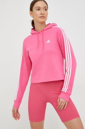 Adidas hanorac de bumbac femei, culoarea roz, cu glugă, cu imprimeu