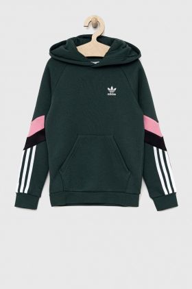 Adidas Originals bluza copii culoarea verde, cu glugă, neted