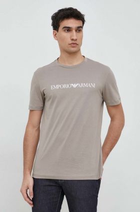 Emporio Armani tricou din bumbac culoarea bej, cu imprimeu