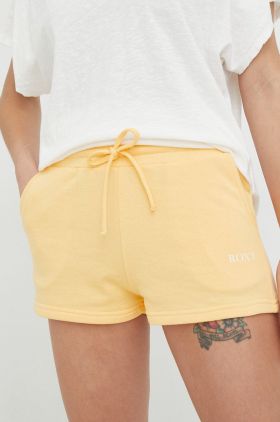 Roxy pantaloni scurti femei, culoarea galben, neted, medium waist