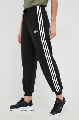 Adidas pantaloni de trening din bumbac femei, culoarea negru, cu imprimeu