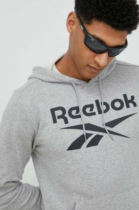 Reebok bluza barbati, culoarea gri, cu glugă, cu imprimeu