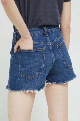 Abercrombie & Fitch pantaloni scurti jeans femei, culoarea albastru marin, neted, high waist