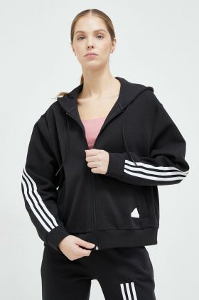 adidas bluza femei, culoarea negru, cu glugă, cu imprimeu