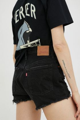 Levi's pantaloni scurti jeans femei, culoarea negru, neted, high waist