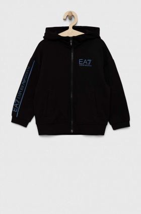 EA7 Emporio Armani hanorac de bumbac pentru copii culoarea negru, cu glugă, cu imprimeu