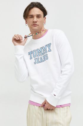 Tommy Jeans hanorac de bumbac barbati, culoarea alb, cu imprimeu