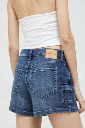 Hollister Co. pantaloni scurti jeans femei, culoarea albastru marin, neted, high waist