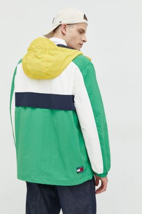 Tommy Jeans geaca barbati, culoarea verde, de tranzitie, oversize