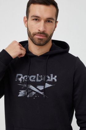 Reebok bluza barbati, culoarea negru, cu glugă, cu imprimeu