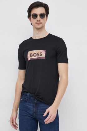 BOSS tricou din bumbac culoarea negru, cu imprimeu