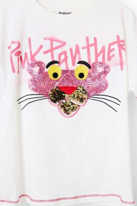 Desigual tricou de bumbac pentru copii Pink Panther culoarea alb