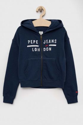 Pepe Jeans hanorac de bumbac pentru copii culoarea albastru marin, cu glugă, cu imprimeu