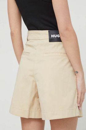 HUGO pantaloni scurți femei, culoarea bej, uni, high waist 50489969