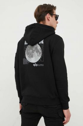 Alpha Industries bluză x Nasa Dark Side Hoody bărbați, culoarea negru, cu glugă, cu imprimeu 108337.285