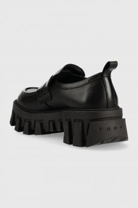 Tommy Jeans mocasini de piele CHUNKY LOAFER LTHER femei, culoarea negru, cu platforma, EN0EN02177