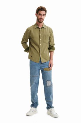 Desigual camasa din bumbac barbati, culoarea verde, cu guler clasic, regular