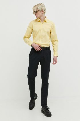 HUGO camasa din bumbac barbati, culoarea galben, cu guler clasic, slim