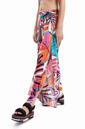 Desigual pantaloni femei, culoarea alb, lat, high waist