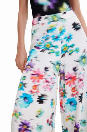 Desigual pantaloni femei, culoarea alb, lat, high waist