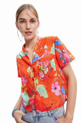 Desigual camasa din bumbac femei, culoarea rosu, cu guler clasic, relaxed