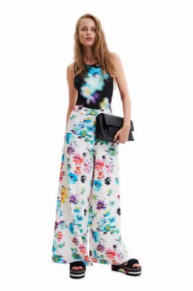 Desigual pantaloni femei, culoarea alb, lat, high waist