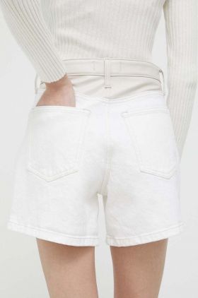 Abercrombie & Fitch pantaloni scurti jeans femei, culoarea bej, neted, high waist