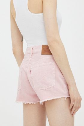 Levi's pantaloni scurti jeans femei, culoarea roz, neted, high waist